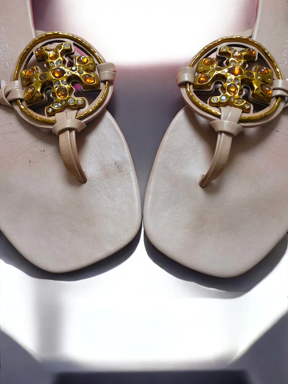 Tory Burch Light Taupe Miller Thong Sandals with Gold Logo Medallions